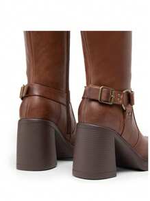 Women's Chunky Heel Platform Knee-High Boots Square Toe Side Zipper Adjustable Straps Buckle Decorated Motorcycle Riding Boots - 摩卡棕 - 查看 11