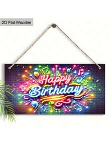 1 st. 2D plat neon muziek Happy Birthday bord feestversiering, vol feestelijke sfeer, felle kleuren - Retro decor 7,87 inch/20 cm houten hangende ornamenten deurdecoratie woondecoratie vakantie feestdecoratie (met touw)