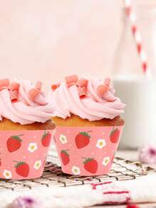 6 件草莓主题纸杯蛋糕包装纸、生日快乐派对婚礼宝贝派对性别揭秘派对纸杯蛋糕装饰包装纸、草莓主题派对装饰、蛋糕纸边框、蛋糕装饰 - 草莓 - 查看 5