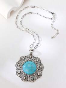 1 对西部牛仔风格夸张向日葵绿松石吊坠项链/毛衣链女士款