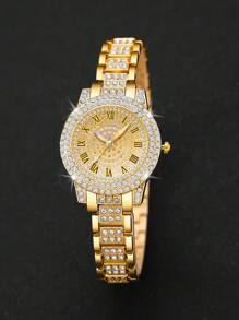 4 peças/conjunto de relógio feminino elegante com strass e numeral romano e pulseira de corrente em formato de 8, pulseira redonda dourada da moda, presente para o dia das mães, dia do professor, ação de graças, formatura, aniversário