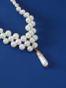 优雅的欧式手工人造珍珠首饰套装，简约多层圆形人造珍珠水滴吊坠项链和耳环，适合日常佩戴、派对配饰、节日礼物 - 四季皆宜的完美选择 - 白色 - 查看 8