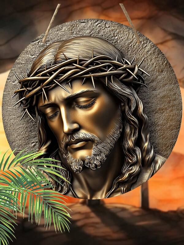 1 pièce Panneau décoratif en bois rond 2D plat vintage pour le Vendredi saint, signe décoratif de Jésus, ornement suspendu festif, décoration murale saisonnière, parfait pour Pâques, Épiphanie et décorations de Noël