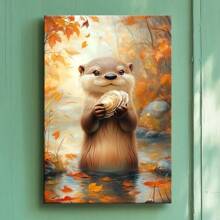 1pc Framed Canvas Wall Art Poster Printing Modern Realism Digital A Otter Holding A Piece Of Bread Wall Art Decoration For Living Room Bedroom Bathroom Kitchen Apartment Hotel, Artful Home Decoration - Framed, Vertical