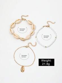 Set de 3 Tobilleras estilo bohemio con tejido de conchas, abalorios y cuentas, joyería para los pies de verano y playa para mujeres