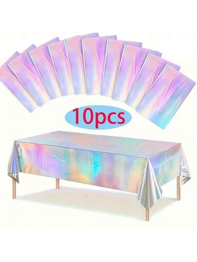 10-Pack Iridescent Holographic Party Table Covers - Disposable Foil Tablecloths For Wedding, Bridal Shower, Birthday, Gender Reveal - Plastic, Machine Made Celebration Supplies