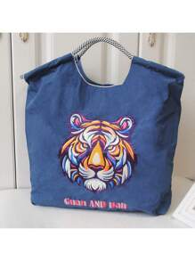 New Stylish Japanese Minimalist Embroidered Nylon Shopping Tote Bag, Fashionable Handbag