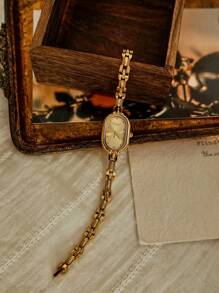 1pc nieuwe aankomst gouden armband quartz horloge, vintage luxe metalen ketting ingelegd ontwerp, INS elegante minimalistische stijl, veelzijdig voor dagelijks gebruik, feest, cadeau voor verjaardag, Valentijnsdag