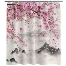 1pc Sakura Flower Pattern Shower Curtain, Asian Floral Design, Asian Chinese Landscape Style Bathroom Decor, Autumn Decoration, Bathroom Accessories, Back To School - Multicolor - View 4