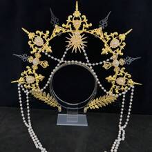 1pc Women's Golden Faux Pearl Chain Metal Lolita Angel Halo Sun Crown Headband, Suitable For Daily Wear, Cosplay, Photography Props Halloween