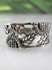 1pc Flower, Leaf, Sunflower Design Ring, Silver-Tone Copper, Fashion Accessories For Men And Women, Party And Daily Wear, Size 6-10