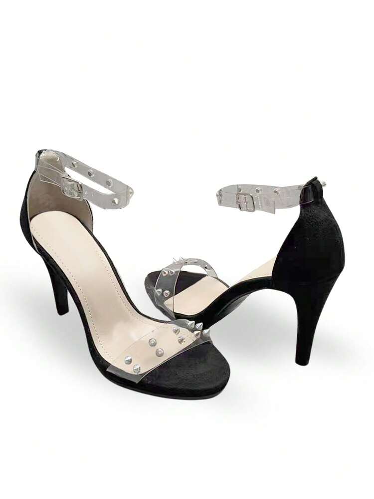 Women's Rivet Decor Fashion High Heel Loafers, For Daily Commute Stylish High Heels - Black - View 1