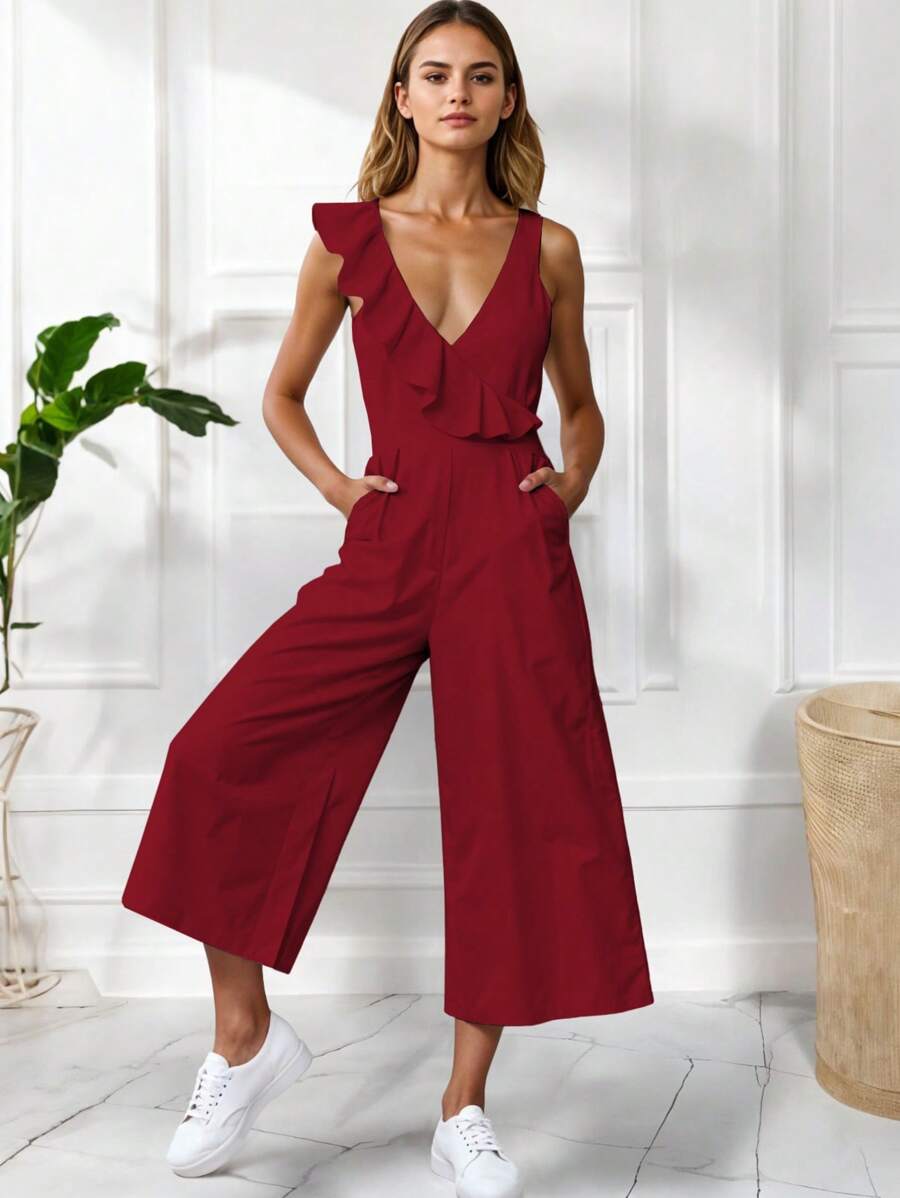 Sexy V Neckline Palazzo For Casual Lady - אדום - ראה 1