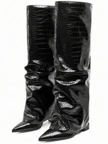 Shark Boots Women's Knee High Boots Fold Over Boots Slouchy Chunky High Heels Shoes Wide Calf Pointed Toe Shoes - 黑色石頭紋 - 查看 2