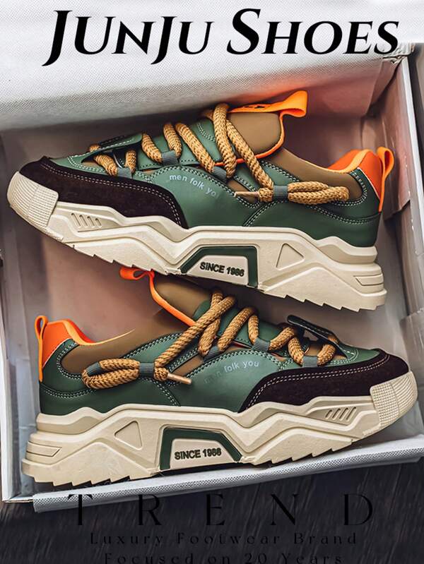 Comfortable Minimalist Stylish Outdoor Walking Casual Shoes, Urban Tie Commuting Fitness Travel Chunky Sneakers, Round Toe Low Top Color Block Versatile Add Height Sports Shoes,Large Size