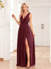 V领无袖雪纺A字伴娘礼服，优雅派对礼服，婚礼宾客礼服，生日礼服，毕业典礼礼服，宴会礼服，嘉年华服装 - 酒紅色 - 查看 4