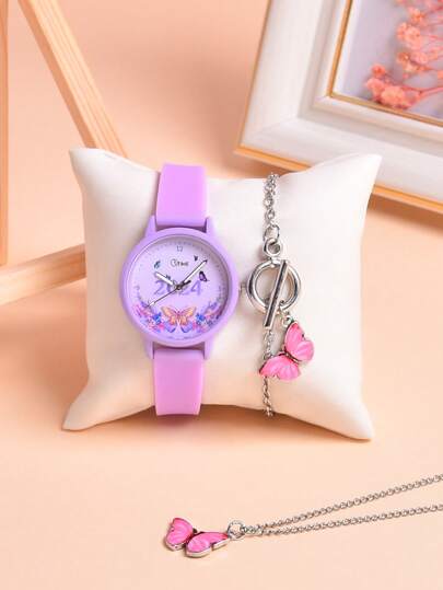 2 件女孩独角兽卡通石英表配可调节编织手链表带套装，厂家直销
