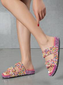 Wide Fit Black & Orange Diamond Sparkle Slip On Mule Slippers, Casual Beach Vacation Home Sandals - Red - View 3