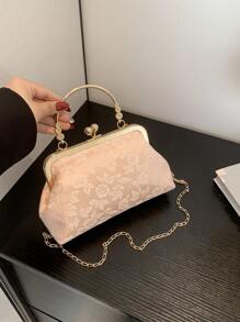 Bolso de embrague con cadena de lentejuelas 2025, bolso de mano de noche de moda de celebridad, bolso de hombro cruzado, bolso de asa superior con cremallera y unicolor [Patrón de flores diminutas en posición aleatoria] - Rosa - Ver 7