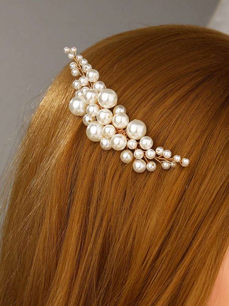 优雅珍珠婚礼发梳 新娘侧梳 新娘发饰 女士和女孩适用 (金色) - 金色 - 查看 6