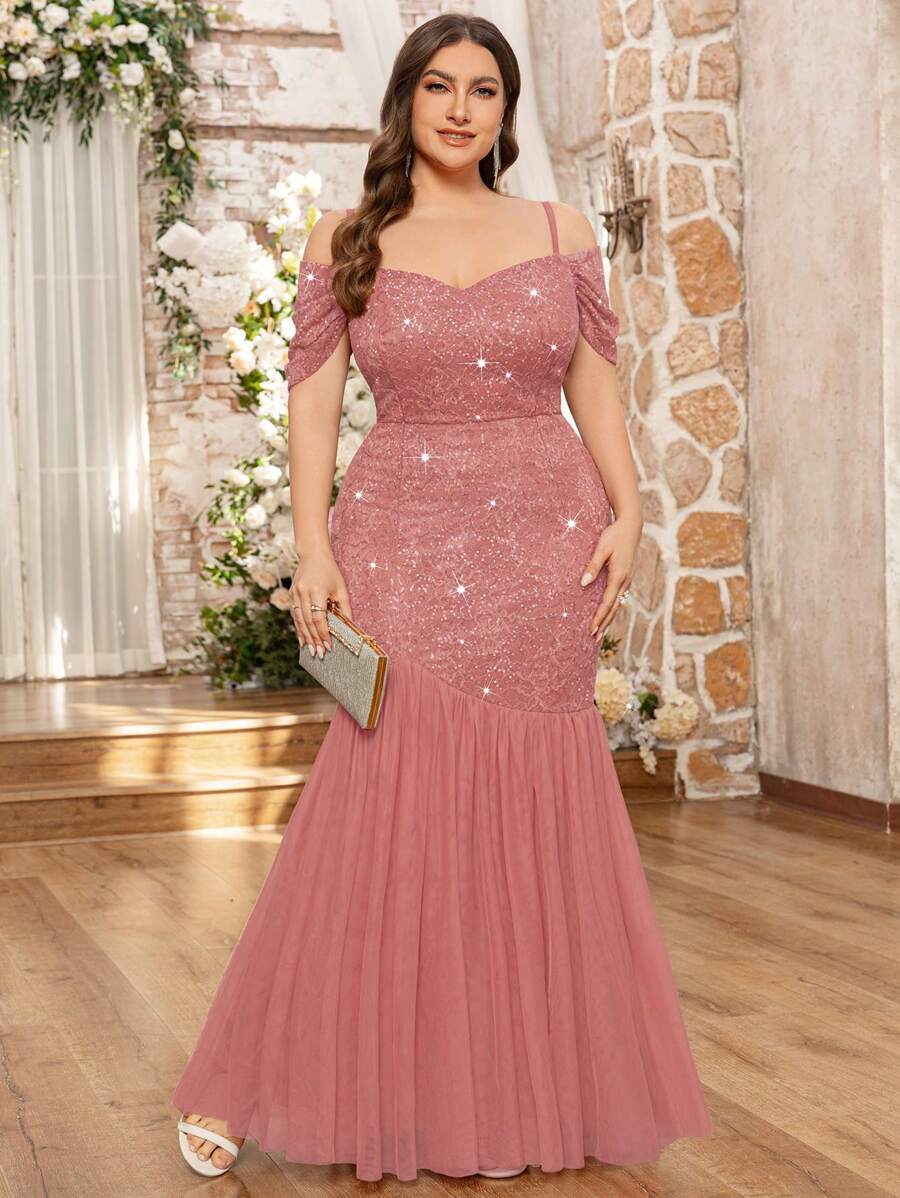 Plus Size Off-Shoulder Spaghetti Strap Sequin Floral Lace Mesh Patchwork Fishtail Maxi Dress, Suitable For Valentine's Day, Summer, Formal Occasions, Graduation Prom, Gala - Dusty Pink - View 1