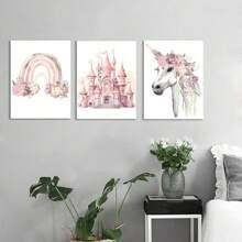 3 件套墙艺海报动物 3 件套梦幻公主和独角兽水彩艺术印刷品套装，无框卡通城堡和神话中的马海报，适用于房间、生活空间、家居装饰 - 彩色 - 查看 8