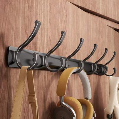 מתלה מעילים מודרני ממתכת שחורה עם ווים מרובים, מארגן כניסה עמיד לתלייה על הקיר לבגדים, תיקים, אוזניות, מפתחות, פתרון אחסון מסוגנן ועמיד