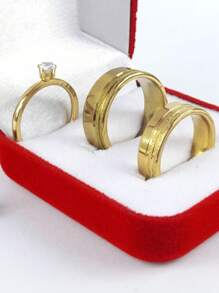 Par Aliança De Casamento 6mm Ele e 8mm Ela + Anel Reta Com Friso Brilhante Noivado Banho Ouro 18k