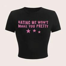 Women's Y2K Black Crop Top T-Shirt With Pink Letter Print - Short Sleeve, Round Neck, Polyester Blend, Machine Washable - 黑色 - 查看 1