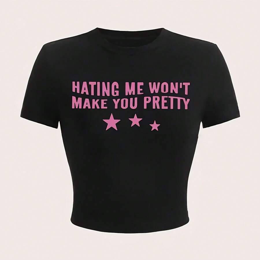 Women's Y2K Black Crop Top T-Shirt With Pink Letter Print - Short Sleeve, Round Neck, Polyester Blend, Machine Washable - 黑色 - 查看 1