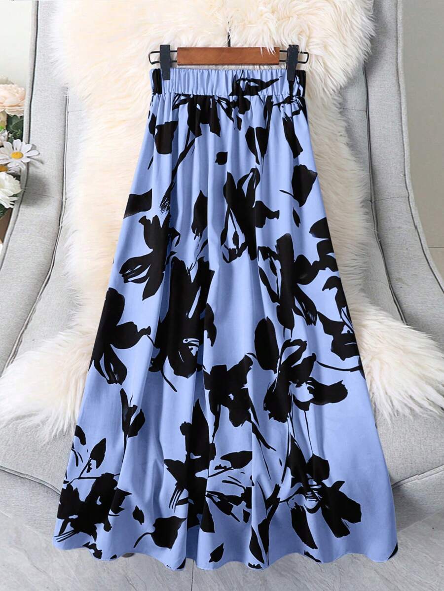 女式花卉印花松紧腰长款休闲裙 - 淺藍色 - 查看 1