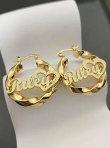 1 Pair Of DIY Custom Double-Layer Welded Name Letter Earrings, Men's And Women's Large Heart-Shaped Earring Pendants, Thick Earrings, Customizable Name Simple Daily Style, Keychain, Products Include Gift Boxes, Valentine's Day Gifts, Birthday Gifts, Mother's Day Gifts, Daily Gifts - Gold - View 6