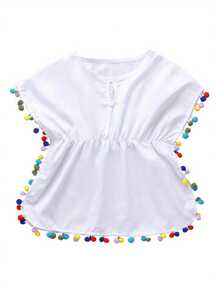 Vestido informal holgado para niña, estampado de leopardo, color liso, cuello redondo, mangas cortas de murciélago, vestido de una pieza. - Blanco - Ver 1