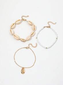 Set de 3 Tobilleras estilo bohemio con tejido de conchas, abalorios y cuentas, joyería para los pies de verano y playa para mujeres