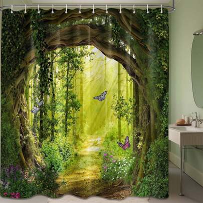 1 pieza Cortina de ducha con diseño de bosque para baño, decoración de baño con árboles verdes, naturaleza y paisaje primaveral. Accesorios de baño, decoración de otoño, decoración del hogar y vuelta al colegio