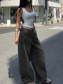 Vintage Washed Black Straight Leg Jeans For Women, US Design Loose Casual Wide Leg Floor Length Pants