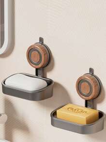 1 Pc Creative Light Luxury Free Punching Sucker Wall Hanging Removable Stainless Steel Wood Grain Bathroom Soap Box, Hollow Drain, Load-Bearing Capacity, Convenient Bathroom Use, Easy To Take, Single And Double Optional, Double Layer Send A Sponge Brush