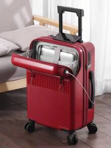 1pc Premium Solid Red Front-Opening Suitcase, Small 20-Inch Lightweight Spinner Travel Luggage With Combination Lock, Multi-Function Carry-On, Convenient And Fashionable For Modern Travelers. Available In Black, Silver, White, Red. - Burgundy - View 2