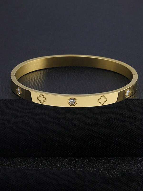 Titanium Steel Non-Fading Classic Open Bangle Bracelet, Men's Four-Leaf Zirconia Stone Designer Jewelry Bracelet