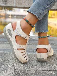 European & American Style Women Sports Sandals, Hollow Mid Heel Wedge Platform Hook And Loop Roman Shoes, Fashionable