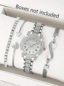 4 peças/conjunto de relógio feminino elegante com strass e numeral romano e pulseira de corrente em formato de 8, pulseira redonda dourada da moda, presente para o dia das mães, dia do professor, ação de graças, formatura, aniversário