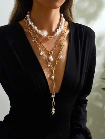 2-3pcs Bohemia Gold Layed Necklace, Faux Pearl Exaggarate Long Necklace, Baroque Faux Pearl Necklace, Vintage Necklace, Party,Daily, Vacation Necklace Set Woman Gift