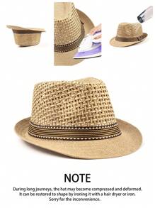 1pc Solid Color Boho Natural Straw Sun Hat, Fashionable Decorative Unisex Hat Suitable For All Seasons