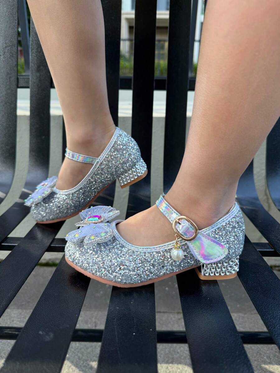 Girls' White Rhinestone And Crystal Fashionable Shiny High Heel Shoes With Colorful Crystal Butterfly Pendant, Versatile For All Seasons - Silver - View 1