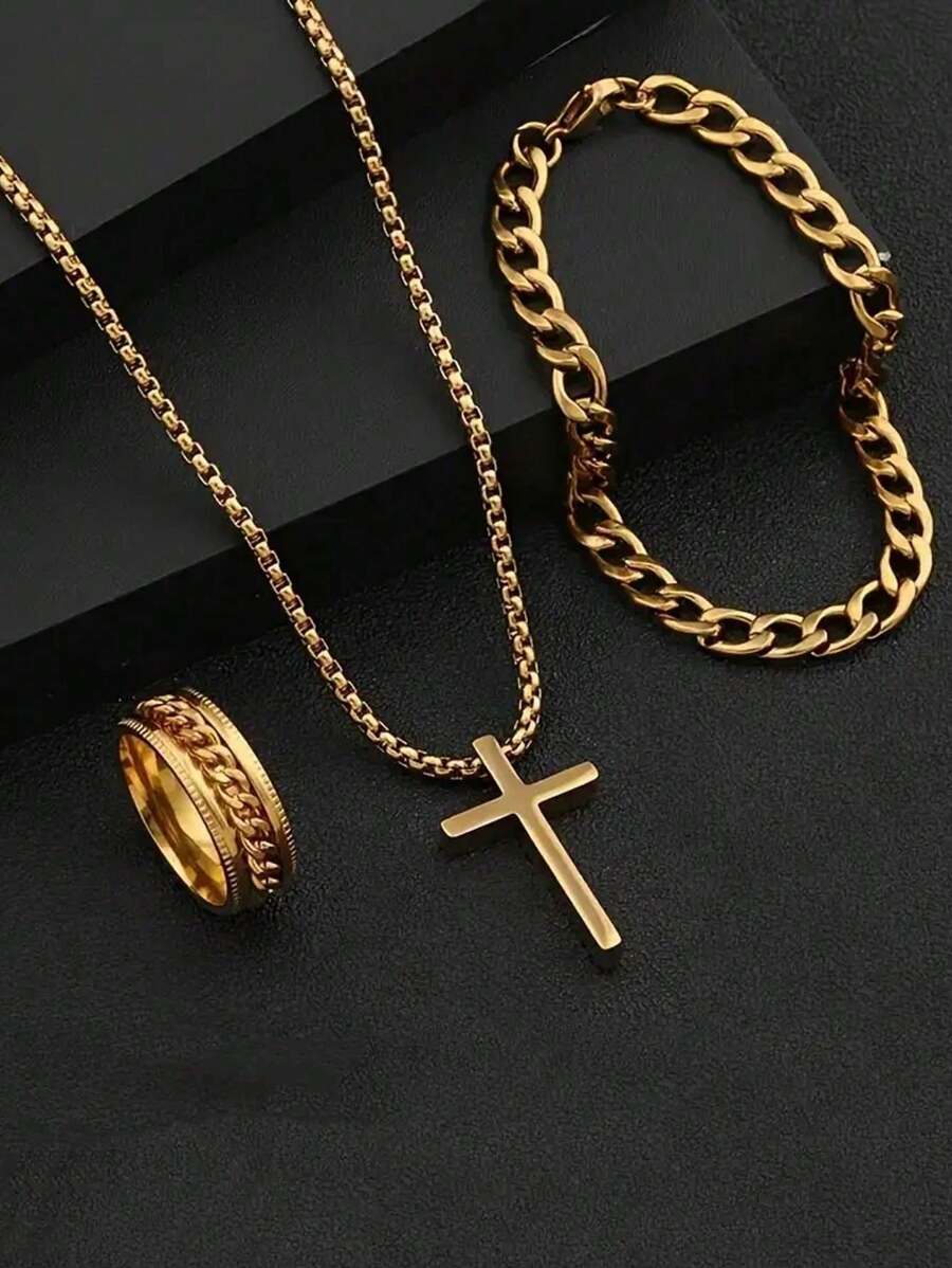 3 件套男士项链套装，钛钢项链，吊坠项链，手链和戒指组合，男士和情侣简约配饰礼物 - 彩色 - 查看 1