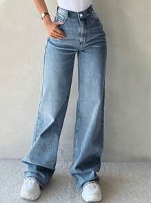 Women's Floor Length Jeans, Street Style, With Buttons, Zippers, And Pockets, Urban Style, Comfortable Women's Pants. - Medium Wash - View 6