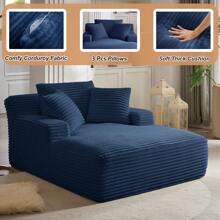 LUCKHAO 49.2" Oversized Chaise Lounge Chair, Comfy Corduroy Fabric Single Sofa Chair, Upholstered Reading Lounge Chair With Pillows For Living Room Or Bedroom, Frameless Design, Dark Grey - 藏蓝色 - 查看 3