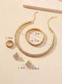 4pcs Exquisite Luxury Rhinestone Necklace Bracelet Ring Earrings Jewelry Set - Yellow Gold - View 3