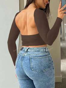 Plus Size Women's Backless Long Sleeve Fitted Sports Tee