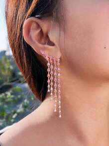 1 Đôi bông tai dài sang trọng đính đá Cubic Zirconia màu hồng tuyệt đẹp, kiểu dáng tua rua hình giọt nước, thích hợp cho đám cưới, tiệc cưới, trang sức dự thi sắc đẹp dành cho nữ, thiết kế độc đáo. - Hồng - Xem 5